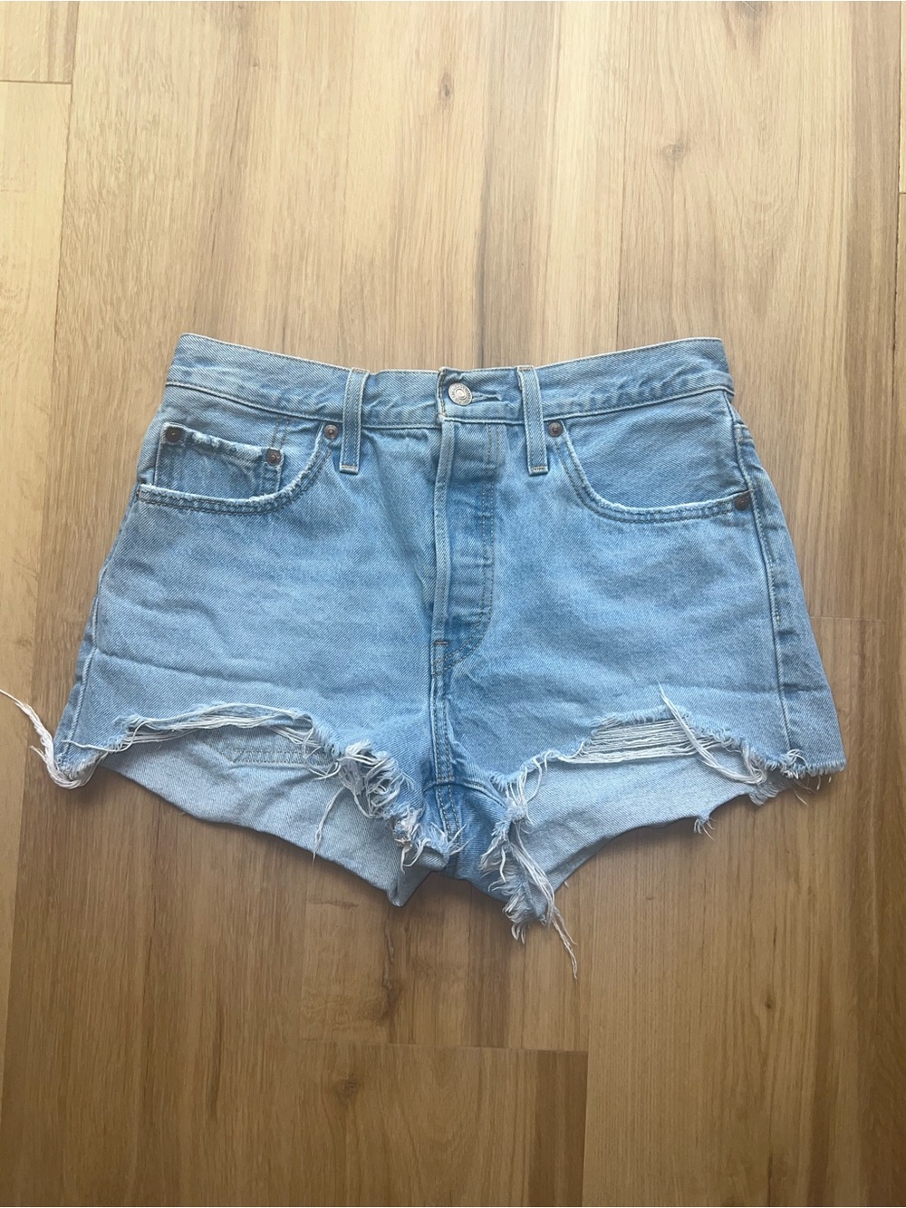 Levi's 501  Light Blue Distressed Cutoff Denim Shorts